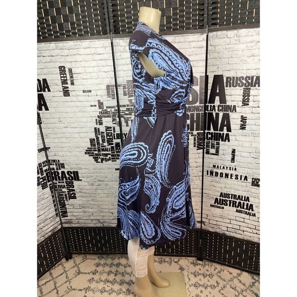 Sweet 10 Brown-Blue Print V-Neck Twisted Waist Cap Sleeve Below Knee Dress - Picture 2 of 5